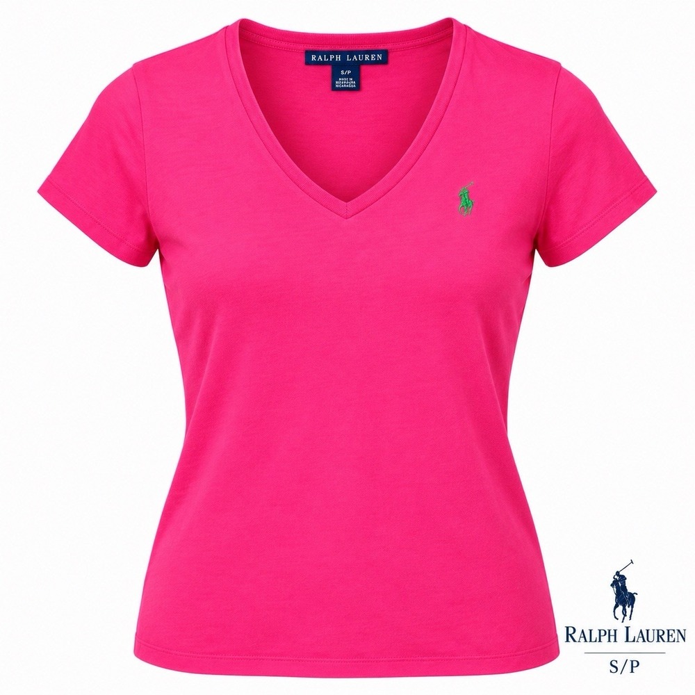 Ralph Lauren Womens S Petite Hot Pink V Neck T Shirt Green Pony Cotton Preppy